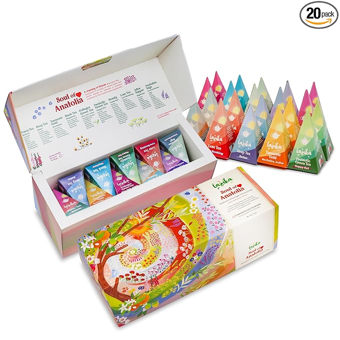 Lazika Tea Variety Pack with Lovely Presentation Box, Black, Green and Herbal Tea Sampler Gift Set, 20 Counts, Premium Collection with Pyramid Infuser Bag, Handcrafted - Bloomnest