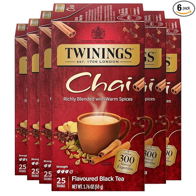 Twinings Chai Black Tea Individually Wrapped Bags, 25 Count (Pack of 6), Sweet, Savoury Spices, Caffeinated, Enjoy Hot or Iced, 150 Teabags - Bloomnest