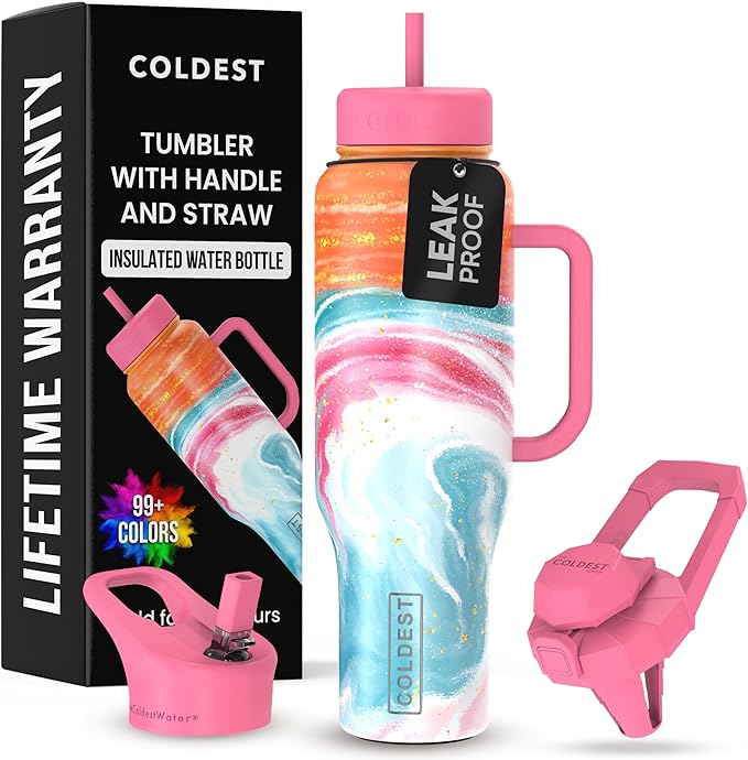 Coldest Tumbler with Handle and Straw - 100% Leak Proof Insulated Tumbler with Lid and Straw (3 Lids) - Stainless Steel Tumblers for Women & Men - Cup Holder Friendly Base, 46 oz (Amethyst) - Bloomnest