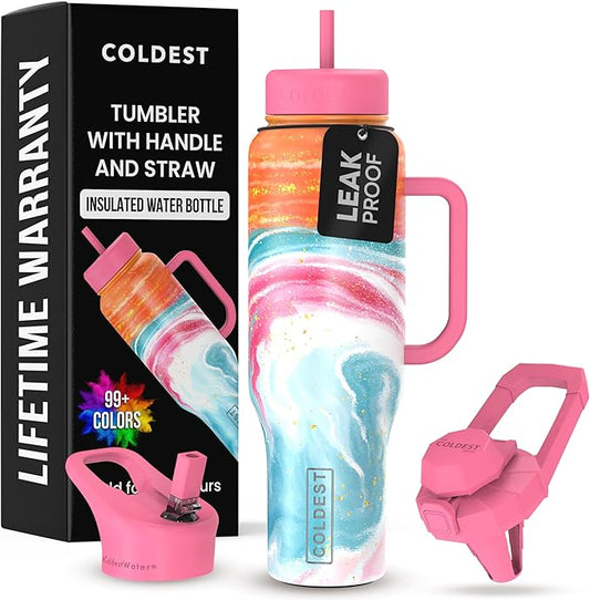 Coldest Tumbler with Handle and Straw - 100% Leak Proof Insulated Tumbler with Lid and Straw (3 Lids) - Stainless Steel Tumblers for Women & Men - Cup Holder Friendly Base, 46 oz (Amethyst) - Bloomnest