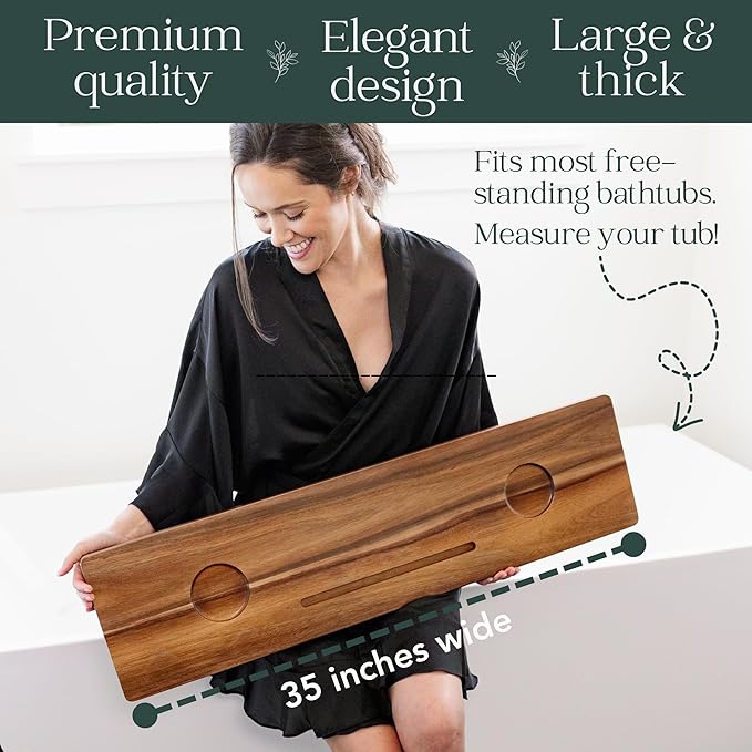 Premium Nature Shed Bathtub Tray for Freestanding Bath | Large & Thick 35” Acacia Wood Luxury Bath Tray for Tub | Anti-Tip, Non-Toxic, Adjustable Bathtub Trays for Tub with Bathroom Accessories Holder - Bloomnest