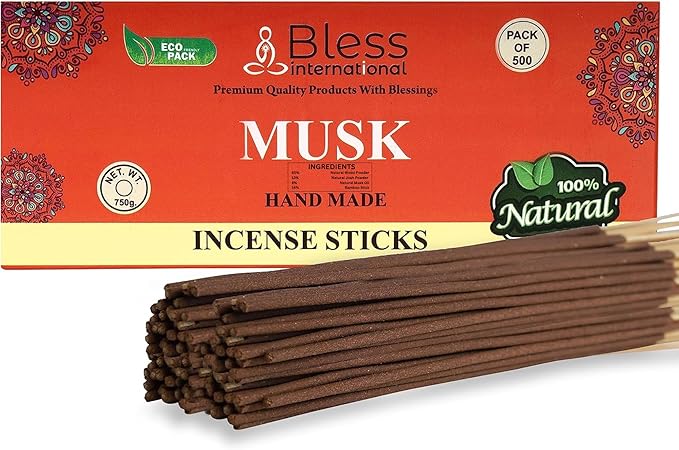 Bless-Musk 100%-Natural-Handmade-Hand-Dipped-Incense-Sticks Organic-Chemicals-Charcoal-Free Purification-Relaxation-Positivity-Yoga-Meditation Best-Woods-Scent (500 Sticks(26 OZ)) BlessInternational