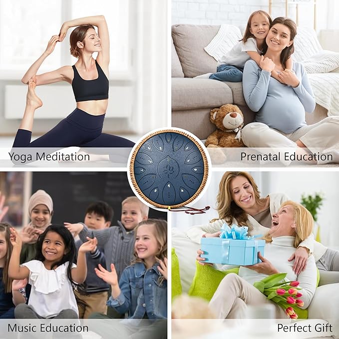 Steel Tongue Drum 13 Inches 15 Notes, Hand Pan Drums for Adults 440hz, C Major Handpan Musical Instrument with Song Book, Mallets and Carry Bag, Navy Blue - Bloomnest