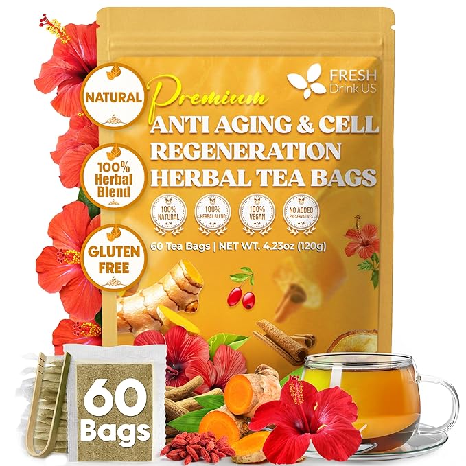 FreshDrinkUS, Premium Harmony Herbal Tea | 60 Tea bags | 100% Natural Turmeric, Hibiscus, Ashwagandha, Goji Berry, Reishi, Cinnamon & Orange Peel – Naturally Aromatic Caffeine-Free Tea - Bloomnest