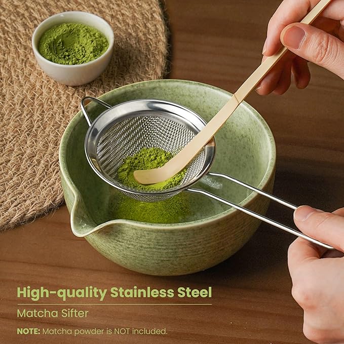 Matcha Whisk Set, Handcrafted Bamboo Chasen & Ceramic Bowl Matcha Kit, Complete 5 Pcs Matcha Set Whisk and Bowl W/Stainless Steel Sifter, Bamboo Scoop & Holder for Matcha Tea Ceremony (Mottled Green) - Bloomnest