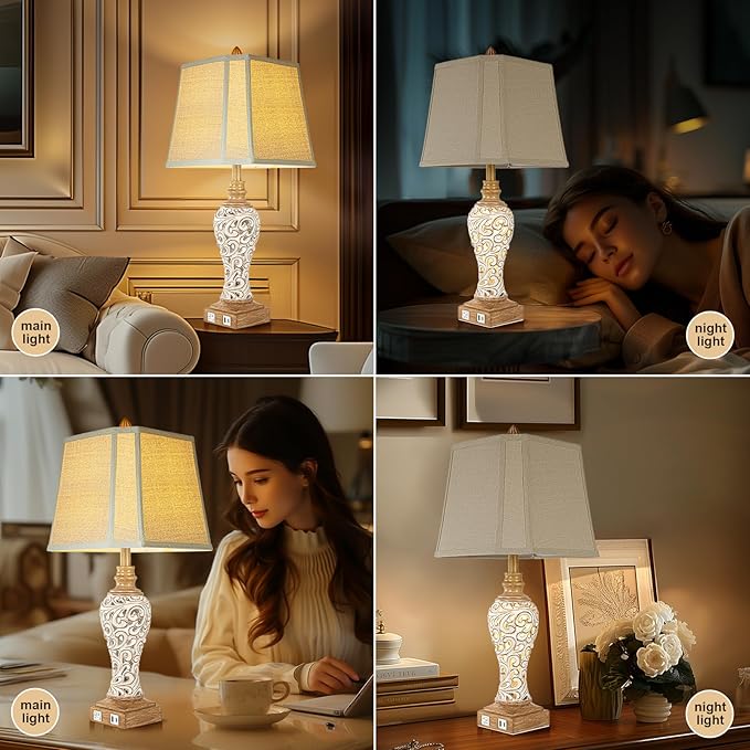 28.5" Rustic Table Lamp Set of 2 For Living Room Farmhouse Lamps for Bedroom, Bedside Lamps with Night Lights And USB C+A Charging Ports for Decor Office Study Hotel (Bulbs Included) - Bloomnest