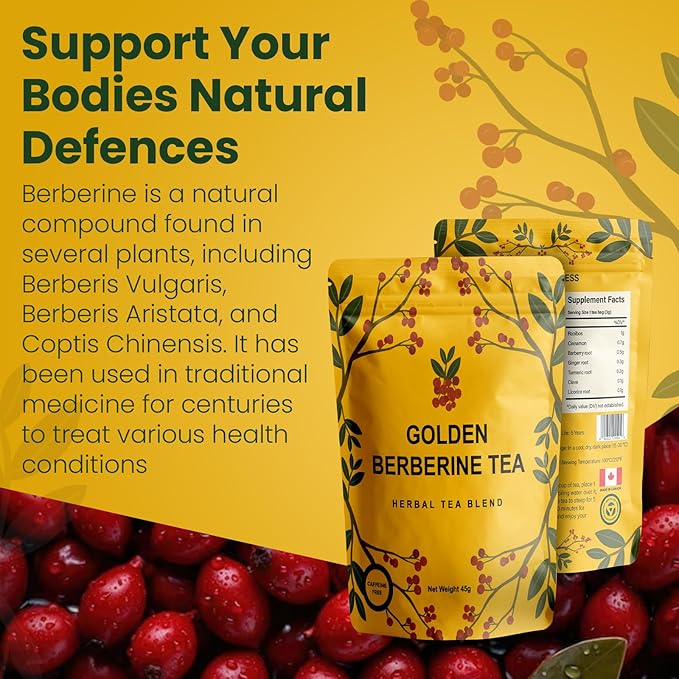 Berberine Tea 45g Natural Organic Caffeine-Free Blend Non-GMO Herbal in Plastic-Free Stand Alone Pouch Delicious Antioxidant for Immune Support - Bloomnest