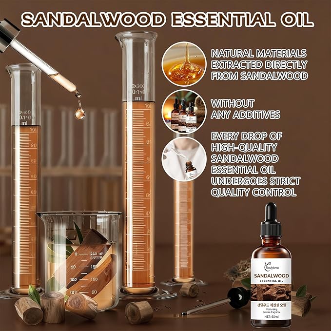 Sandalwood Essential Oil – Natural Premium Grade Aromatherapy Oil, Skin Care – Undiluted Therapeutic Oil with Dropper, 60ml Amber Glass Bottle OKADY