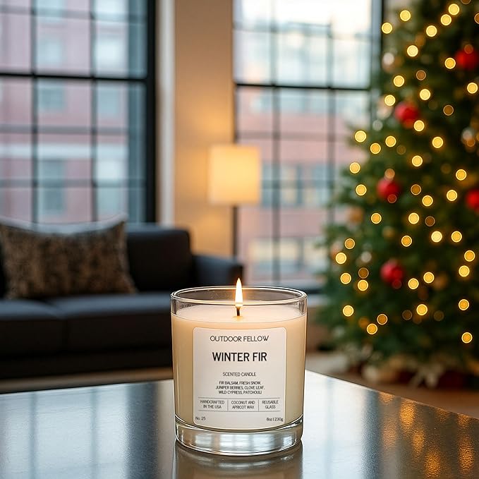 Outdoor Fellow Winter Fir Candle | Luxury Scented Candle with Coconut & Apricot Wax Blend | Fir, Juniper & Cypress Notes | 40+ Hour Burn Time | Cozy Fragrance for Home (8oz) - Bloomnest