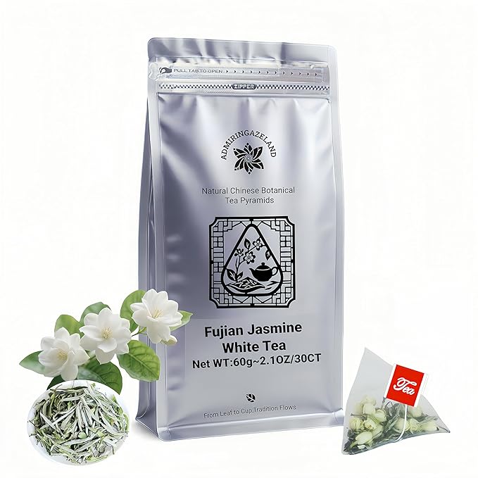 ADMIRINGAZELAND Jasmine White Tea Bags, Fujian White Peony Tea & Jasmine Flowers Blend,Chinese Tea Gift Set, 30CT (2.1OZ) - Bloomnest