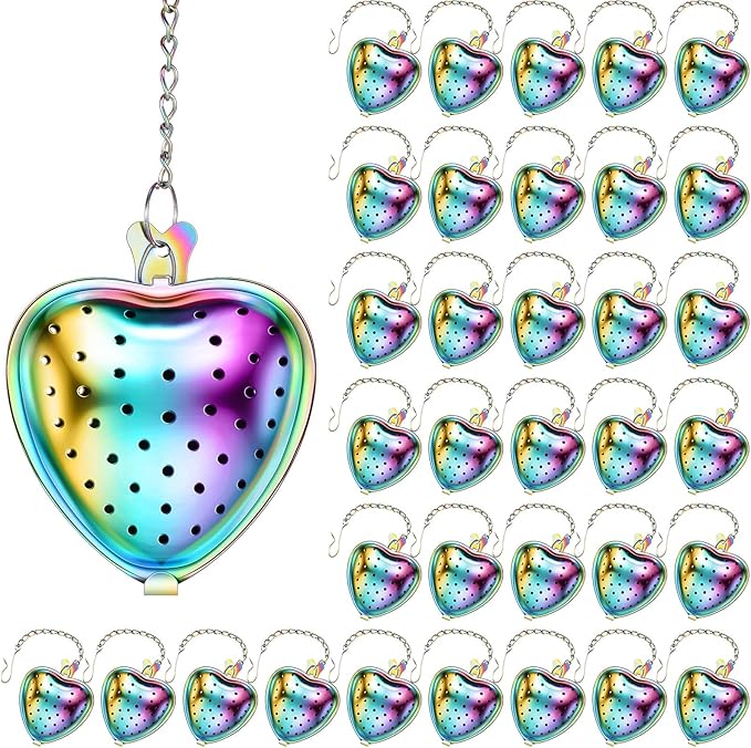 Sumind 50 Pcs Stainless Steel Tea Strainer Ball Infuser Loose Leaf Steeper Interval Diffuser Heart Shape Mesh Filters with Extended Chain Hook for tea party Seasonings Cup Bottle(Rainbow) - Bloomnest