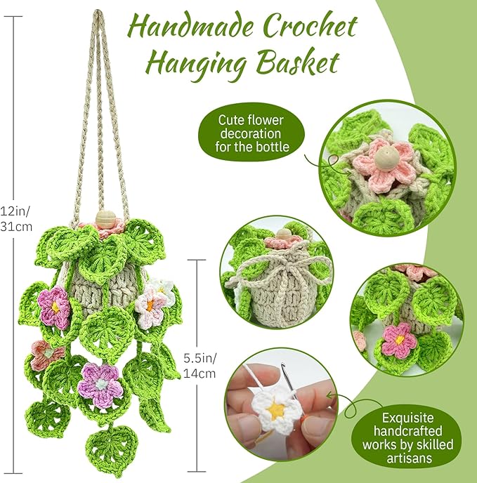 Crochet Car Air Freshener, 15ml Empty Refillable Oil Diffuser Bottle with Hanging Crochet Flowers Plant for Car Rearview Mirror Decor Air Freshener Diffuser for Home, and Office Decor(Flowers) - Bloomnest