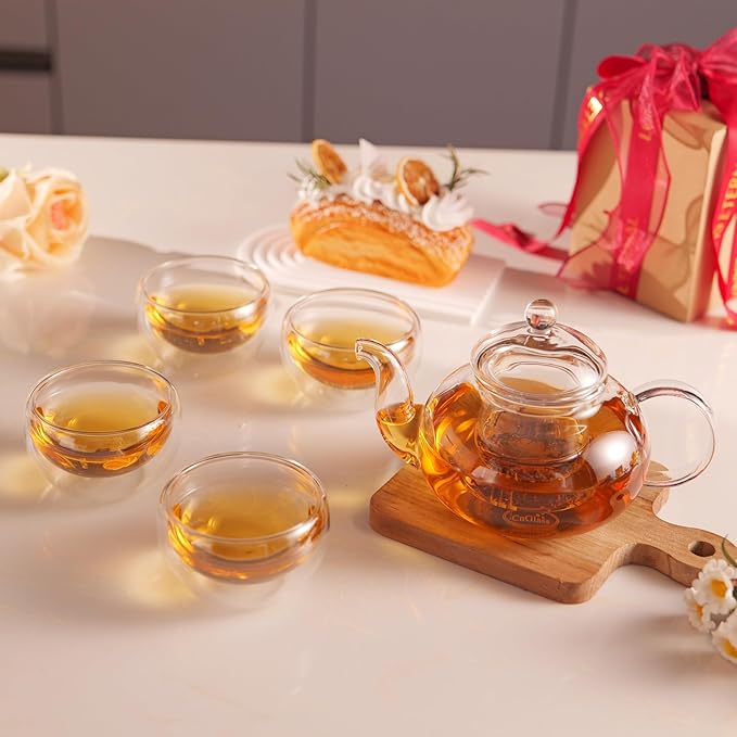 CNGLASS Glass Teapot Set,20oz Clear Tea Pot with 4 Double Wall Teacups,Stovetop Safe Tea Kettle,Blooming Loose Leaf Tea Maker Gift,Microwave Dishwasher Safe - Bloomnest