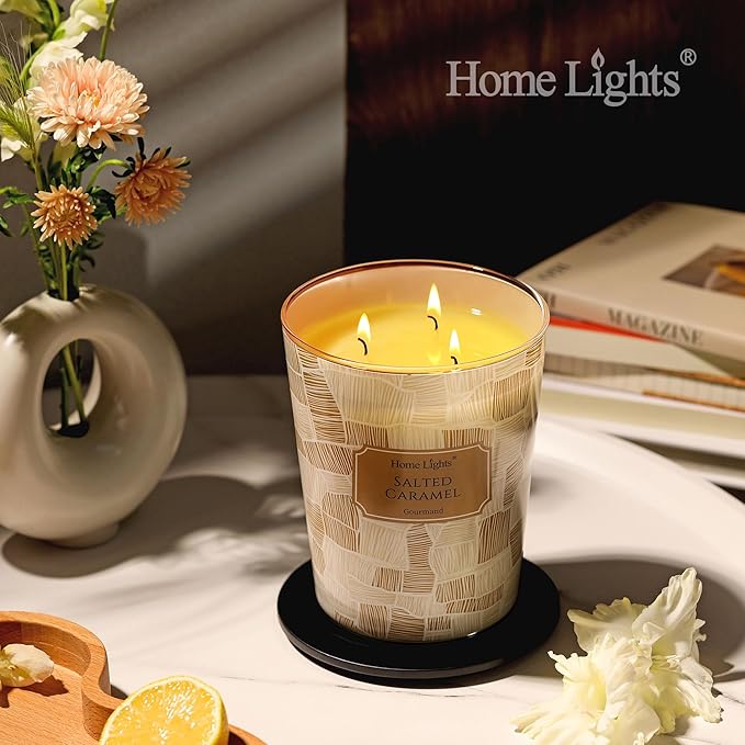HomeLights Large jar Candle | 3-Wick Long-Lasting Scented Candles, 34oz Natural Soy Wax Candle for Home Scented, Rustic Modern Gifts for Women & Men, Salted Caramel - Bloomnest