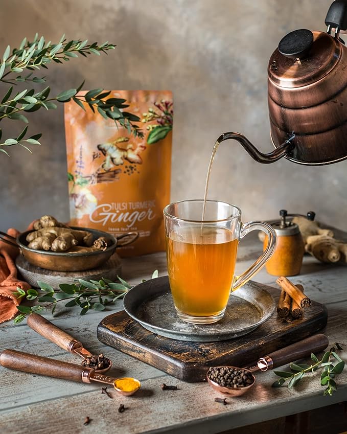 Organic Turmeric Ginger Tulsi Chai Tea | Loose Leaf | Ayurvedic Superfood Blend | Herbal and Caffeine-Free | 55+ Cups | KSA Kosher | 4 oz - Bloomnest