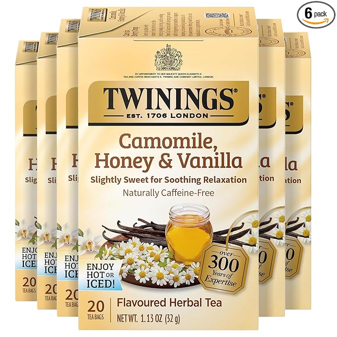 Twinings Camomile, Honey & Vanilla Herbal Tea Individually Wrapped Bags, 20 Count (Pack of 6), Naturally Caffeine-Free, Enjoy Hot or Iced, 120 Teabags - Bloomnest