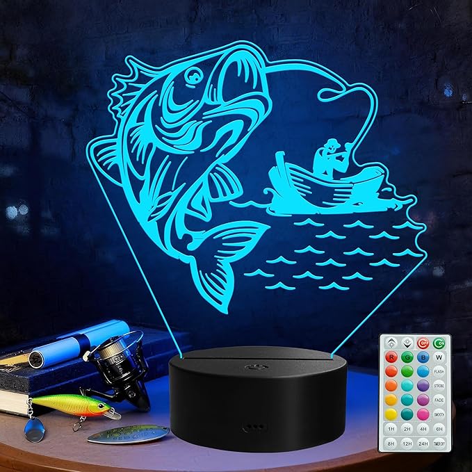 Fishing Night Light, Fishing Gifts, 3D Illusion Lamp with Remote Control, 16 RGB Colors, 4 Flashing Modes, Timer, Dimmable, Men Boy Room Decoration for Father's Day Holiday Birthday Christmas - Bloomnest