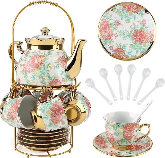 20 Pcs Porcelain Tea Set with Metal Holder, Adult Tea Set Gift, European Ceramic Tea Set for Adults, Flower Tea Cup Saucer Set for Party With Gold Flower Painting (Vibrant Green) - Bloomnest