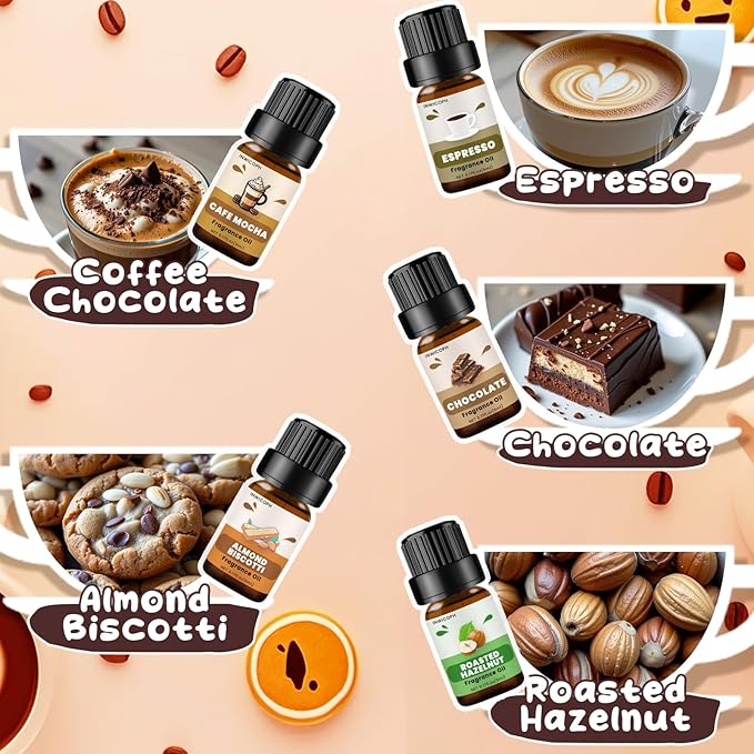 Coffee Shop Fragrance Oil Set | Espresso, Mocha Coffee, Chocolate, Almond Biscotti, Roasted Hazelnut Candle Scents for Candle Making, Soap Making Supplies, Diffuser Oil Scents - Bloomnest