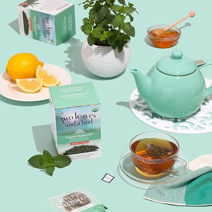 Two Leaves and a Bud Organic Peppermint Tea Bags, Naturally Caffeine Free, Herbal Whole Leaf Peppermint Tea in Compostable Sachets, 15 Count (Pack of 1) - Bloomnest
