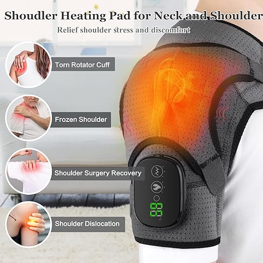 Heated Shoulder Wrap with Massage, Portable Heated Shoulder Brace for Women Men, Cordless Vibration Shoulder Heating Pad for Neck and Shoulder, 3 Heating Setting Shoulder Massager Wrap Braces - Bloomnest