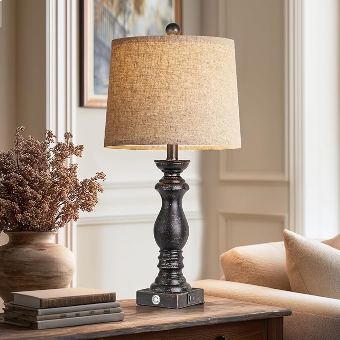 24.5" Table Lamp Set of 2, Rustic Farmhouse Bedside Lamps with USB A+C Charging Ports, 3-Way Dimmable Touch Control Nightstand Lamps for Living Room Bedroom, Antique Black, LED Bulbs Included - Bloomnest