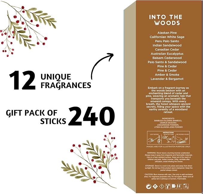 Folkulture Christmas Incense Sticks | Pack of 12 Non Toxic Insenses (240 Sticks) with Incense Holder | White Sage, Pine & Cedar, Palo Santo, Sandalwood Organic Inscents-Sticks for Home - Bloomnest