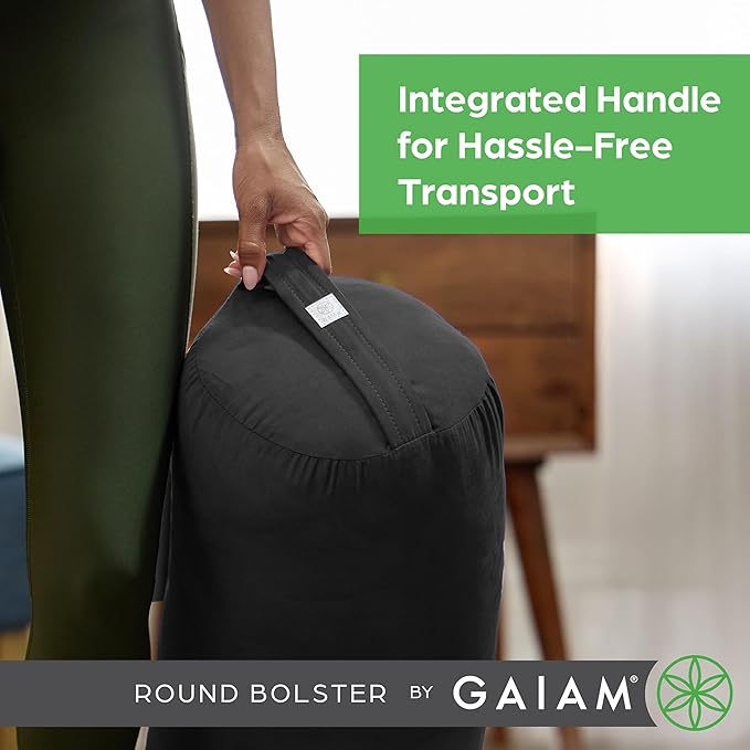 Gaiam Round Yoga Bolster Pillow, Soft Meditation Cushion for Yoga, Massage and Back Support, Breathable Cotton Fill, Zippered Microfiber Cover, Easy-Carry Handle, Machine Washable