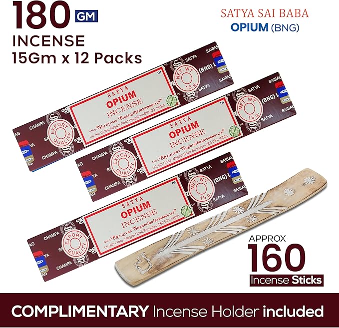 Satya Opium Incense Sticks, Satya Bng (Bangalore) Insenses 15gmx12 Pack with Raajsee Incense Holder Bundle, Satya Nagchampa Natural Incense - Bloomnest
