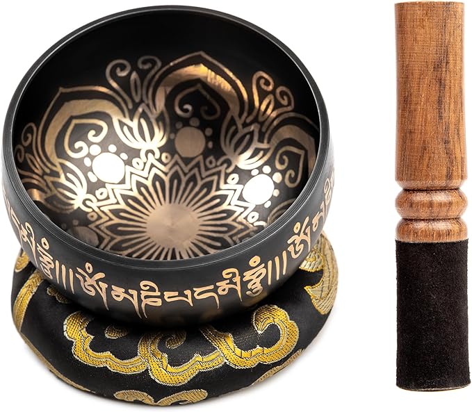 Tibetan Singing Bowl Set - 4" Easy To Play Authentic Handmade For Meditation Sound 7 Chakra Healing By HIMALAYAN BAZAAR (Black with Box, 4") - Bloomnest