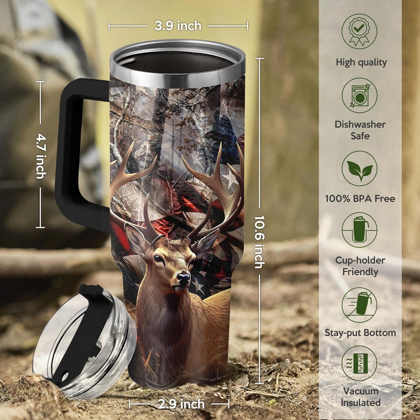 SANDJEST Hunting Tumbler with Handle for Men, Hunter Gifts for Men Dad Grandpa Husband Boyfriend, 40oz Stainless Steel Insulated Tumblers Hunters Gift for Birthday Christmas Fathers Day