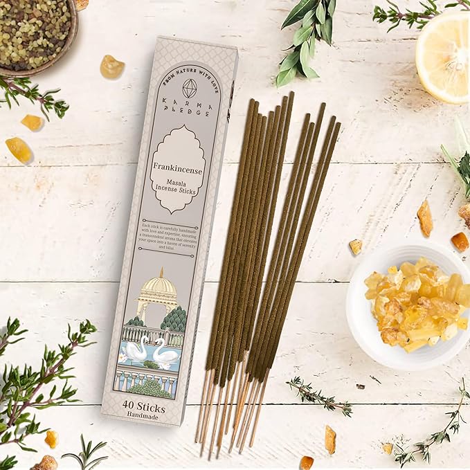 Incense Sticks, Frankincense & Myrrh Incense, Made with Natural Ingredients, Hand Rolled Aromatic Masala, 40 Stick Pack, 45-60 Minute Burn Time, Best for Home Fragrance, Meditation, Yoga, Relaxation KARMAPLEDGE