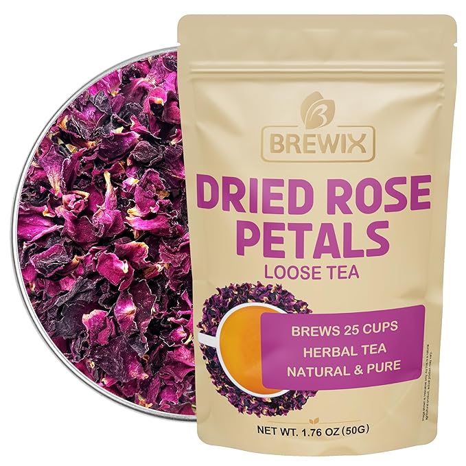 BREWIX, Pure Dried Rose Petals Loose Tea (25+ Cups,1.76oz/50g) Edible Flowers for Cocktails,Garnishing & Drinks, Tea,Baking,Desserts,Bread,Cake,Bath,DIY Skincare Edible Rose Petals in Resealable Bag - Bloomnest