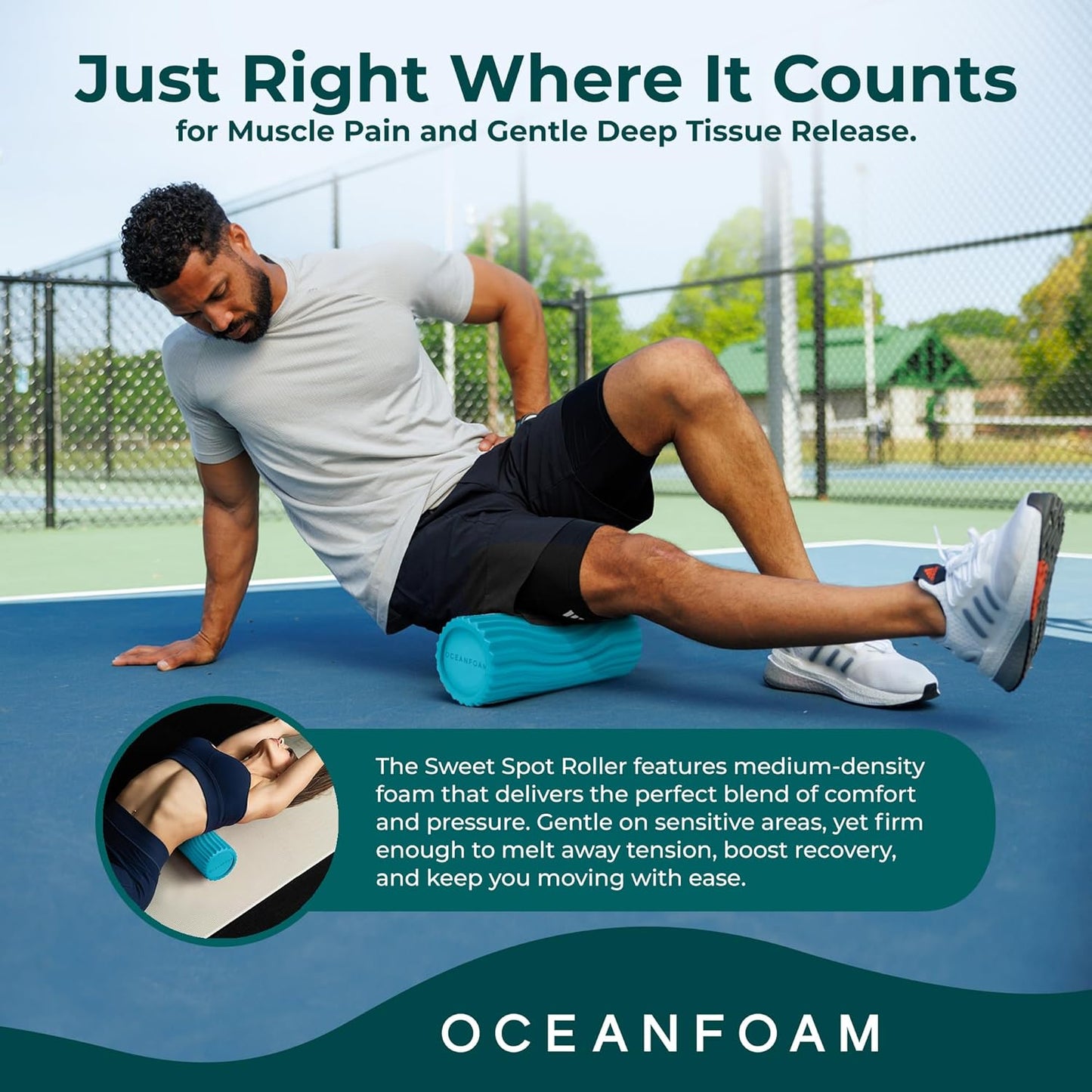 Oceanfoam Sweet Spot Medium Exercise Foam Roller 14"x5.5" – Medium Density Foam Roller for Physical Therapy, Deep Tissue Massage, Yoga, Pilates, Classic Exclusive Wave Texture (Miami Blue)