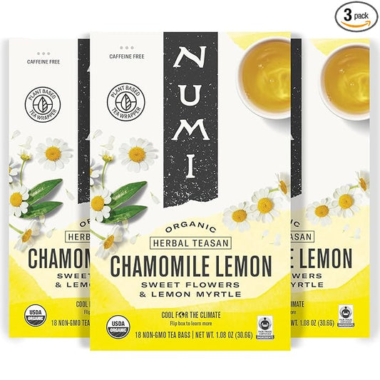 Numi Organic Chamomile Lemon Tea – 54 Herbal Tea Bags – Caffeine Free Calming Egyptian Chamomile & Lemon Myrtle – Caffeine Free Floral Citrus Herbal Tea