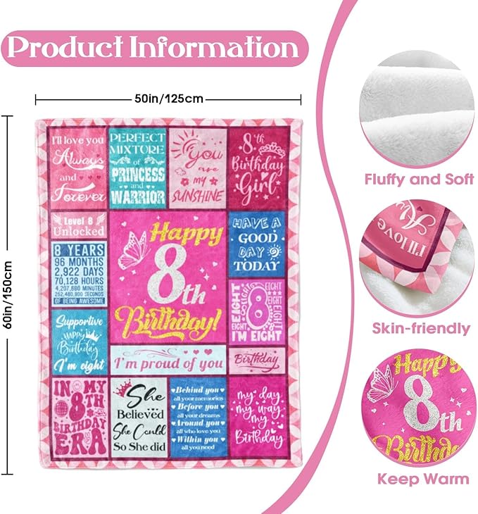 8 Year Old Girl Birthday Gift - Gifts for 8-Year-Old Girls - 8th Birthday Decorations for Girls - 8 Years Old Birthday Gifts for Girl - 8th Blanket 50"X60" - Bloomnest
