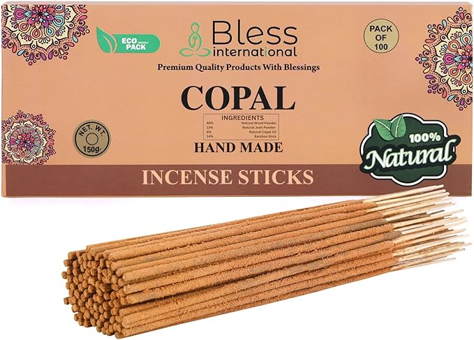 Bless-Copal 100%-Natural-Handmade-Hand-Dipped-Incense-Sticks Organic-Chemicals-Charcoal-Free Purification-Relaxation-Positivity-Yoga-Meditation Best-Woods-Scent (100 Sticks(5.25 OZ)) BlessInternational