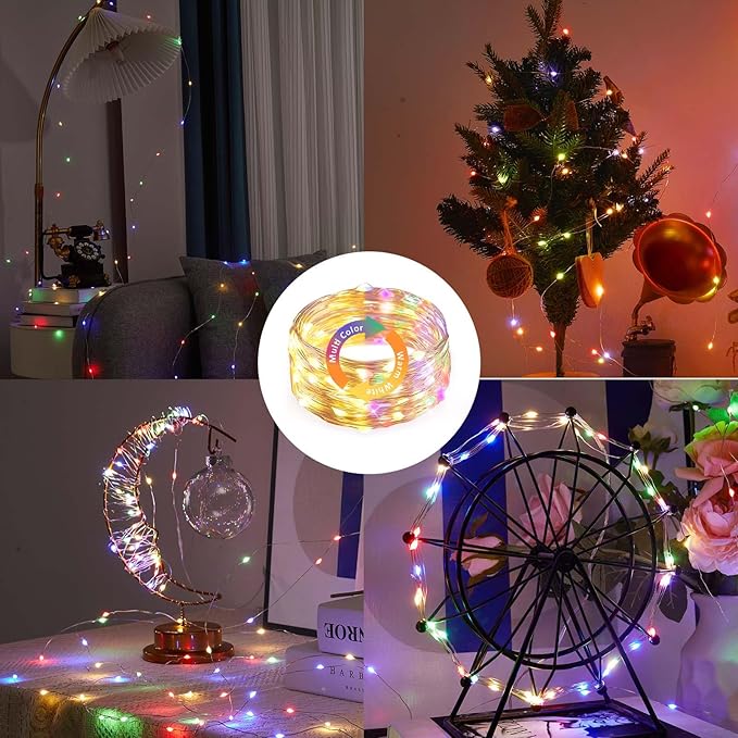 2 Packs Warm White & Multi-Color Battery Operated String Lights, 5M/16.4ft. 50 LEDs Remote Control Timer 12 Modes Optional Twinkle Battery Powered Fairy Lights Sliver Wire Firefly Lights - Bloomnest