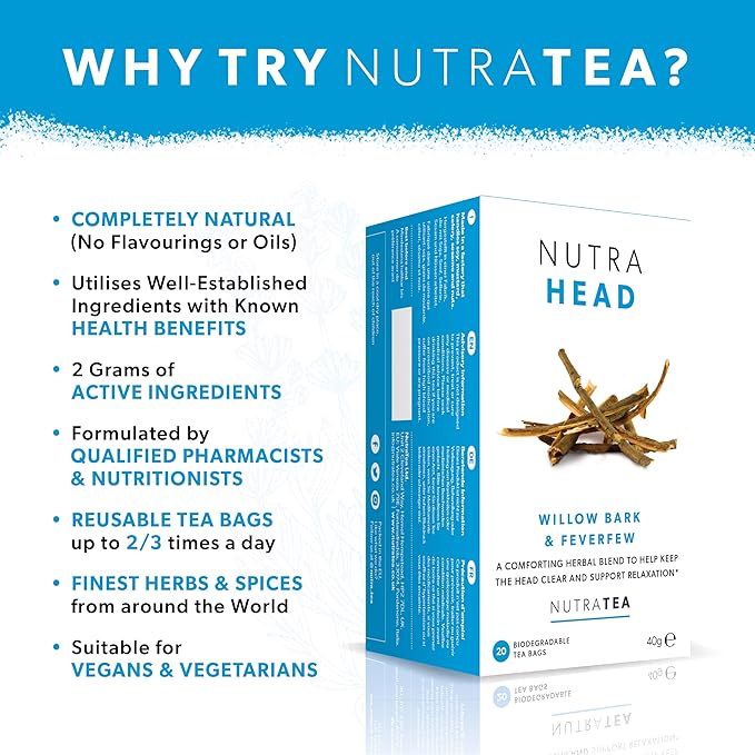 NUTRAHEAD - Migraine Relief Tea | Headache Relief Tea - For Migraine & Tension Headache Relief - Includes Feverfew,Willow Bark & Rhodiola - 40 Enveloped Tea Bags - by Nutra Tea - Herbal Tea - (2 Pack) - Bloomnest