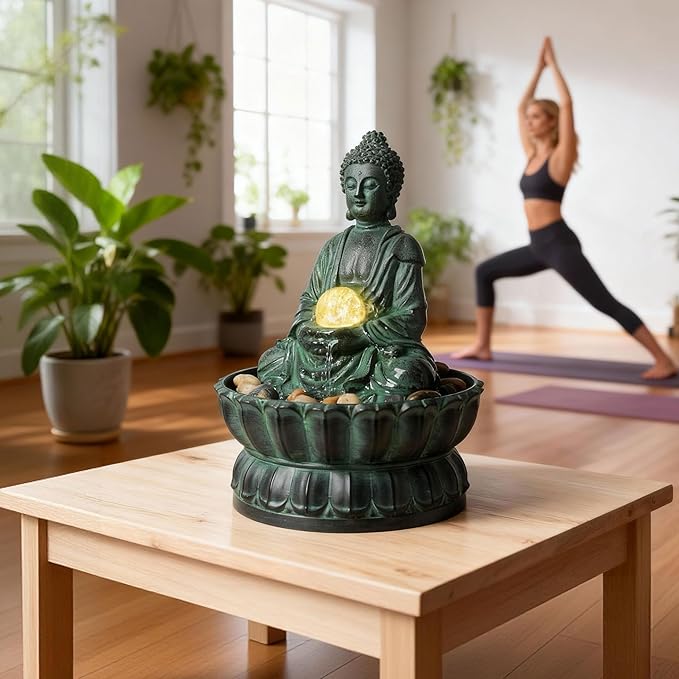 Indoor Tabletop Fountain Buddha Exquisite Sitting Meditation Statue, Desk-Top Water Fountain Decorative Zen Fountain w/Glass Rolling Ball/LED/Stone for Office/Home/feng Shui Decor 9.4" - Bloomnest