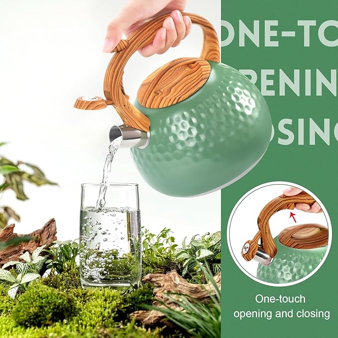 GGC Tea Kettle for Stove Top, Loud Whistling Kettle for Boiling Water Coffee or Milk, 3.1 Quart 3L Heavy Stainless Steel Green Tea Pot with Wood Pattern Handle, Unique Button Control Outlet - Bloomnest