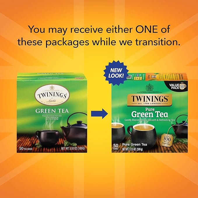 Twinings Pure Green Tea Individually Wrapped Bags, 50 Count (Pack of 6), Smooth Flavour, Enticing Aroma, Caffeinated, Enjoy Hot or Iced, 300 Teabags - Bloomnest