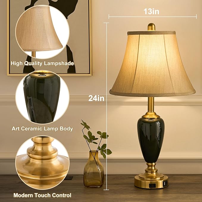 24" Ceramic Table Lamp with 3 Way Dimmable Touch Lamps - 2 USB Ports & AC Outlet Bedside Lamps, Modern Nightstand Lamp for Bedroom Living Room Office (Bulb Included) (Dark Green-2 Pack) - Bloomnest