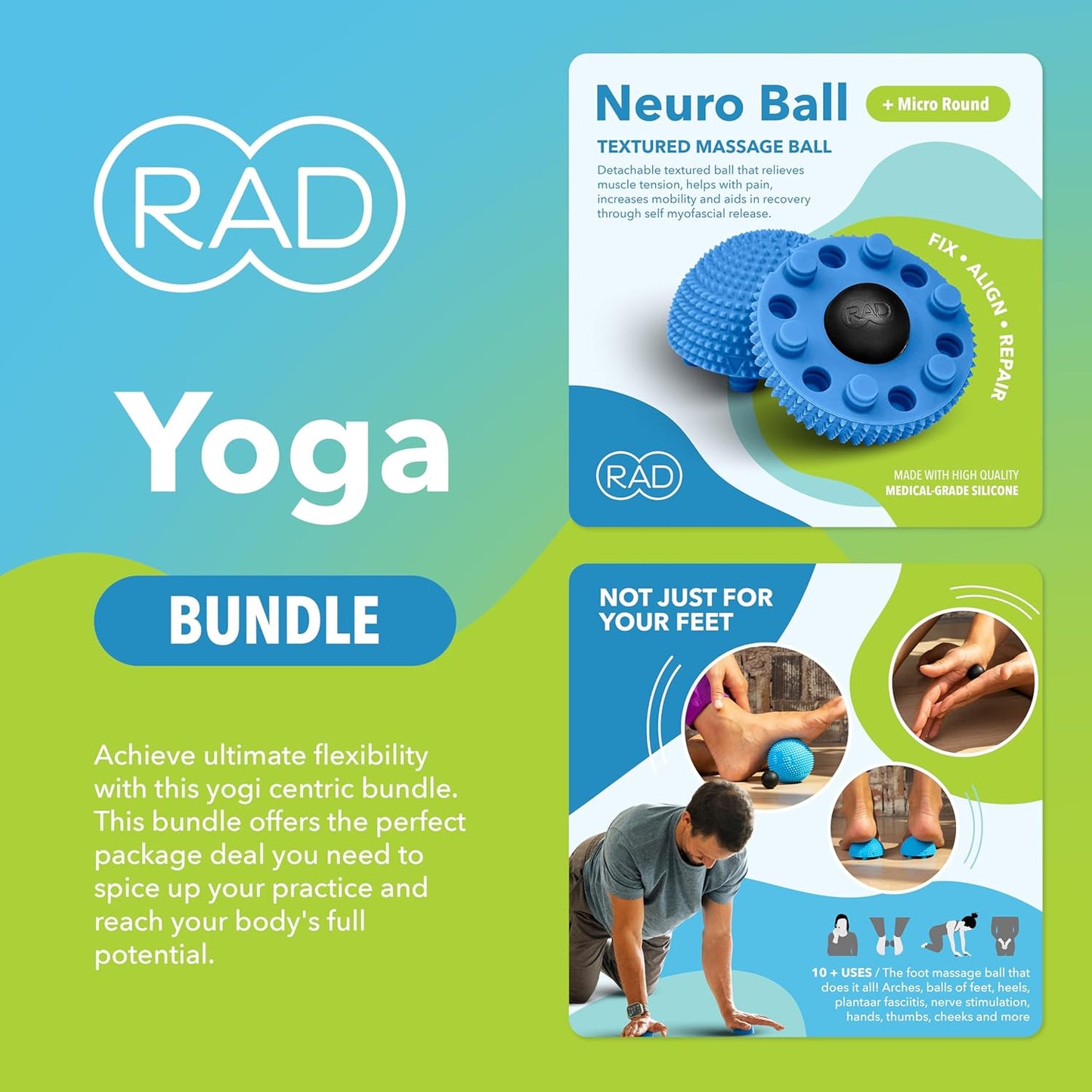 RAD Yoga Bundle for Myofascial Release, Muscle Recovery, & Relaxation – Includes Multi-Use Yoga Block, Neuro Ball Foot Roller, Peanut & Massage Balls in Multiple Sizes & Densities