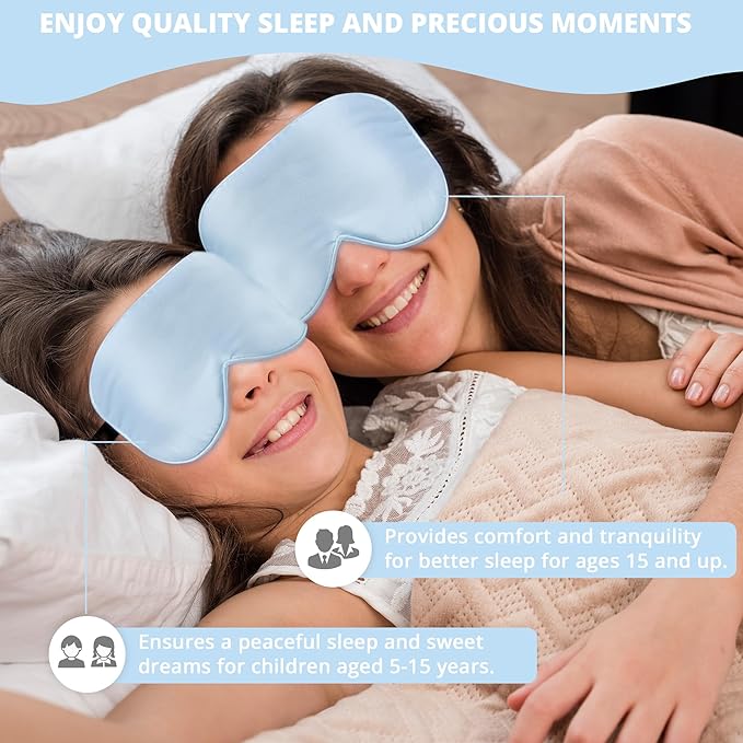 100% Real Natural Silk Eye Mask for Sleeping with Adjustable Strap, 100% Silk Filling Blindfold, Eye Shade for Kids/Teens/Adults, Sleeping Masks for Family (2 Blue) - Bloomnest