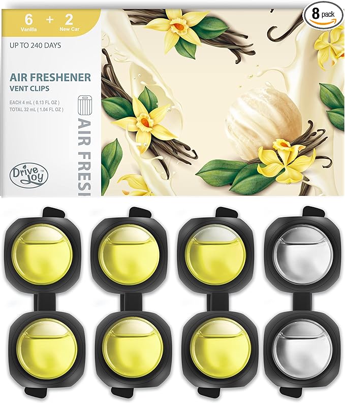 Car Air Freshener Vent Clips, 8 PK, 6 Vanilla, 2 New Car Scent, Provides Long-Lasting Scent, Up to 240 Days, Odor Eliminator - Bloomnest