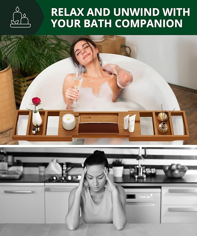 ROYAL CRAFT WOOD Premium Foldable Bathtub Tray - Wood Bath Tray for Tub, Bamboo Shelf, Expandable Bath Table Trays, Bathtub & Bathroom Accessories for New Home Gifts for Mom - Bloomnest