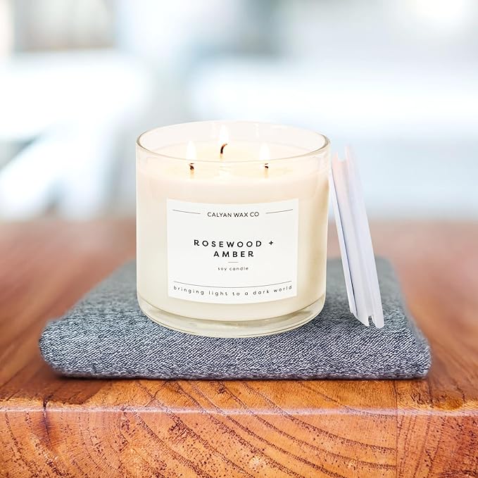 Calyan Wax Co. Rosewood & Amber 3 Wick Scented Candle - 43 Hour Burn - Luxury 3 Wick Soy Candles - Non Toxic Soy Wax Candles - Long Lasting Large Glass Jar Candle for Home - 14.9oz - Bloomnest