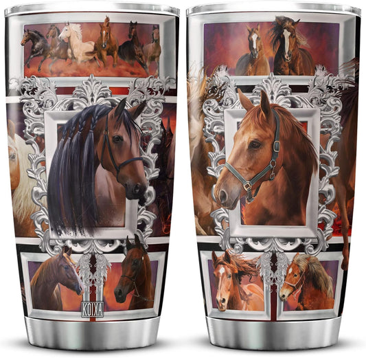Horse Stainless Steel Tumbler With Lid 20oz Equestrian Farm Animal Print Cup Horses Gift Ideas Husband Present Insulated Travel Coffee Mug Vintage Horse Printed Gifts For Him