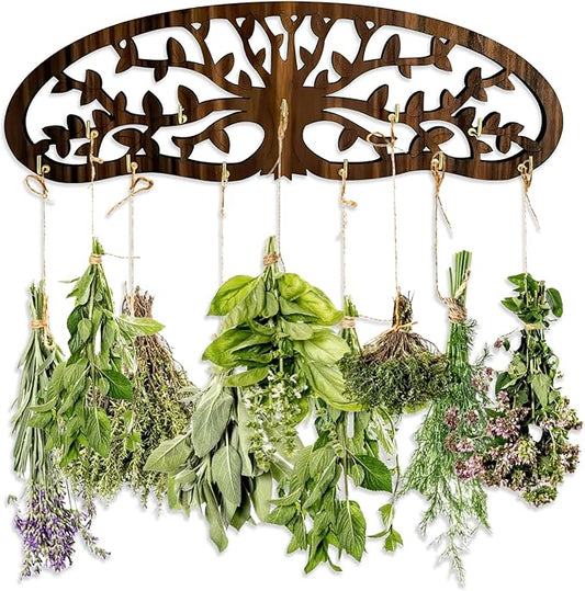Herb Drying Rack - Wall Mounted Tree Design Holds 11 Bouquets, Space Saving Kitchen Herb & Flower Dryer, Rustic Wooden Hanging Decor for Gardeners, Crafters (dark brown) - Bloomnest